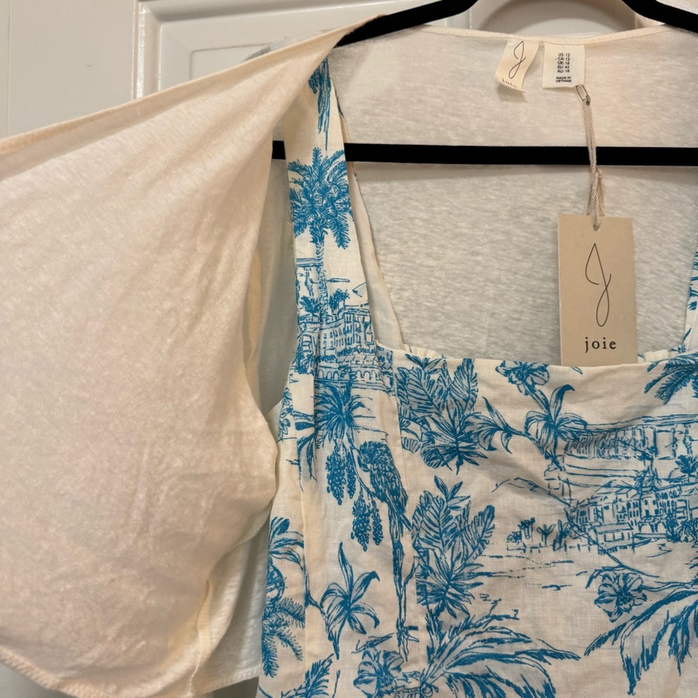 NWT JOIE Dress Shrug Set Blue White Palm-print Toile Linen Cotton Dress Size 12 - Picture 4 of 16